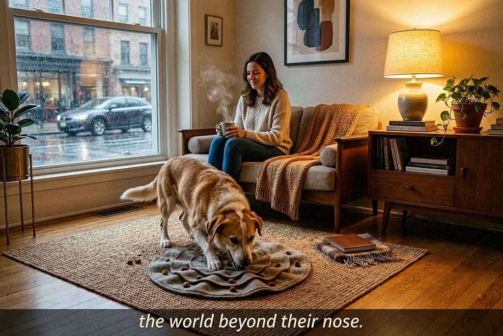 "After" hero photo Rain outside window, cozy apartment inside, dog happily engaged in scent game. Owner relaxed. Text: "The world beyond their nose."
