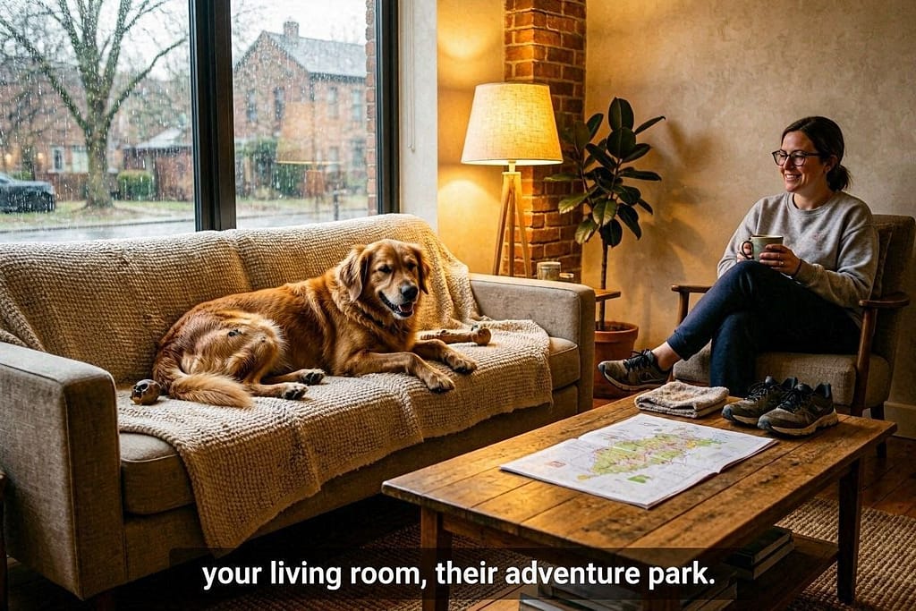 "After" hero photo Rain outside window, cozy apartment inside, dog tired and happy on couch after obstacle course. Owner relaxed. Text: "Your living room, their adventure park."