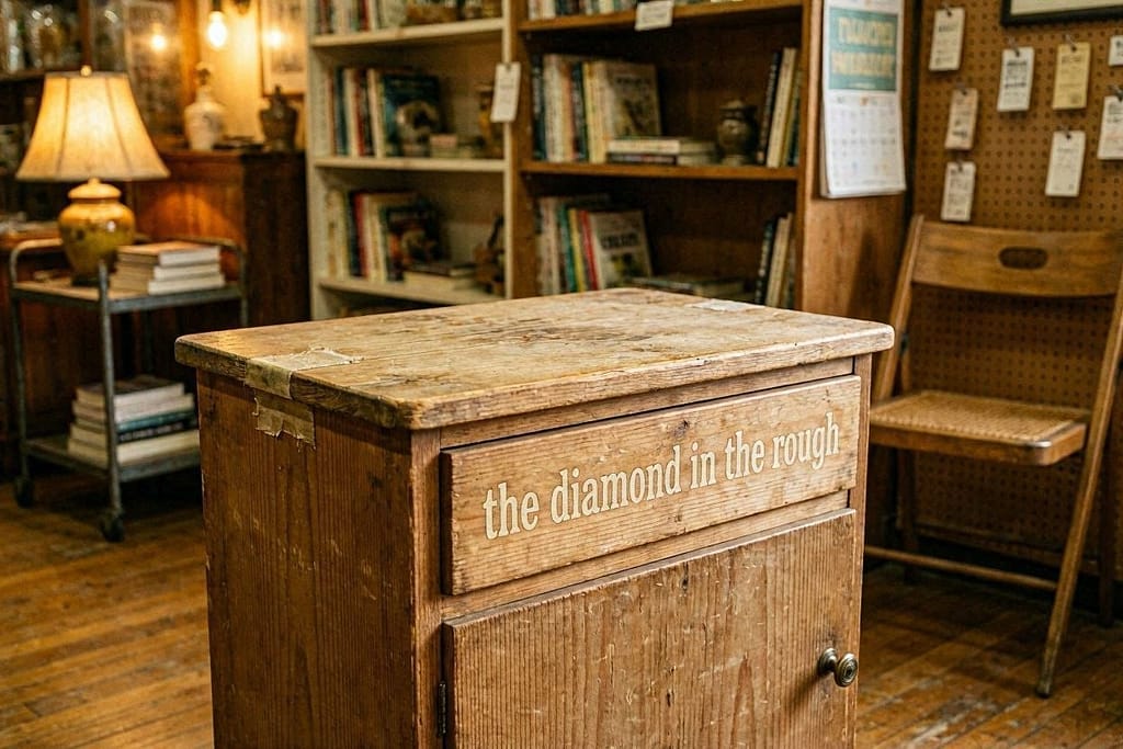 Raw thrift store find (nightstand, small cabinet). Text: "The diamond in the rough."