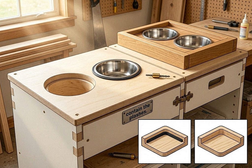 Recessed channel or raised frame around bowls. Text: "Contain the splashes."