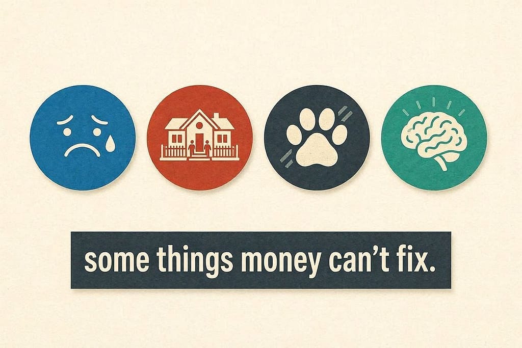 Uninsurable risk icons 😢 Emotional harm / 🏠 Relationship with neighbors / 🐾 Pet's life if deemed dangerous / 🧠 Peace of mind. Text: "Some things money can't fix."
