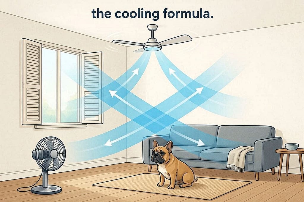 Air flow diagram Room with ceiling fan + floor fan = cross-ventilation. Text: "The cooling formula."