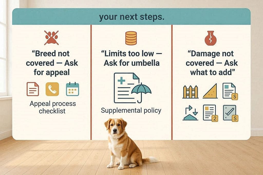 Problem/solution grid Scenario 1: Breed not covered → Ask for appeal process / Scenario 2: Limits too low → Ask for umbrella / Scenario 3: Damage not covered → Ask what to add. Text: "Your next steps."