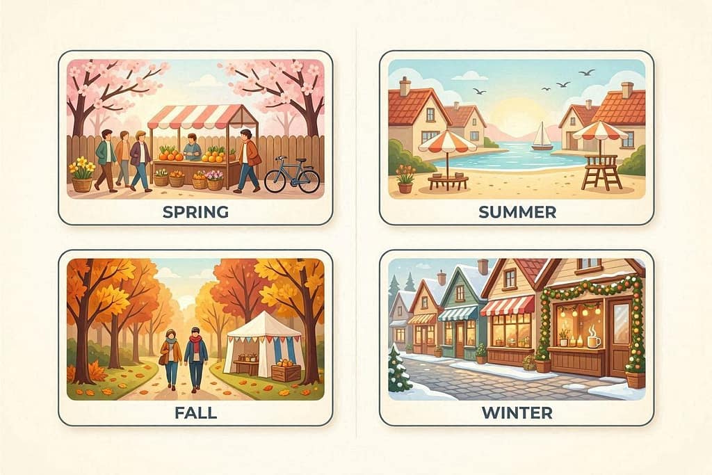 Seasonal icon grid 🌸 Spring (cherry blossoms, markets) / ☀️ Summer (rooftops, beaches) / 🍂 Fall (leaf peeping, Oktoberfest) / ❄️ Winter (holiday windows, cozy breweries).