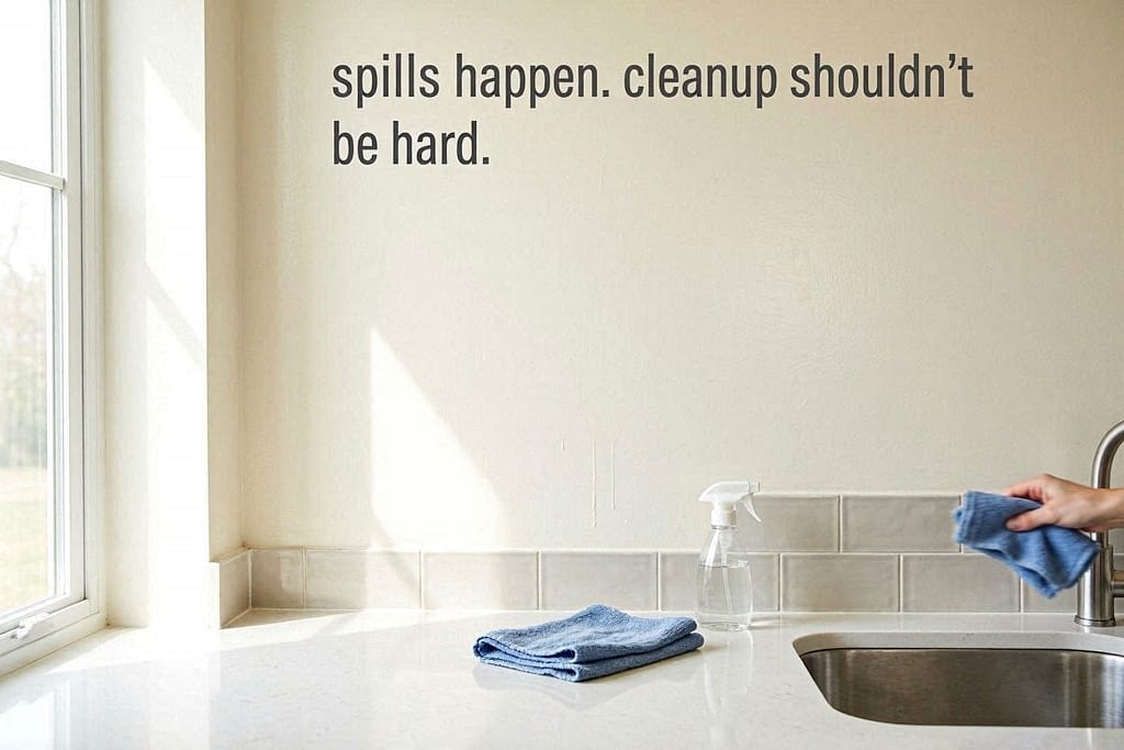 Semi-gloss painted interior, easy to wipe. Text: "Spills happen. Cleanup shouldn't be hard."