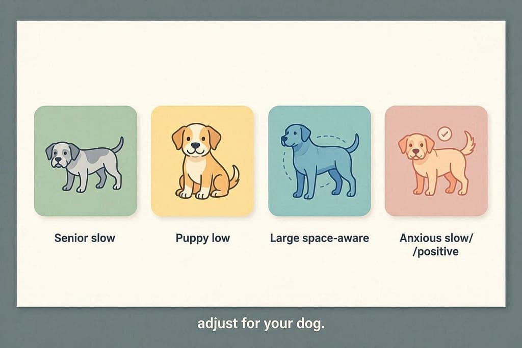 Dog type icons Senior (slow), Puppy (low), Large (space-aware), Anxious (slow/positive).