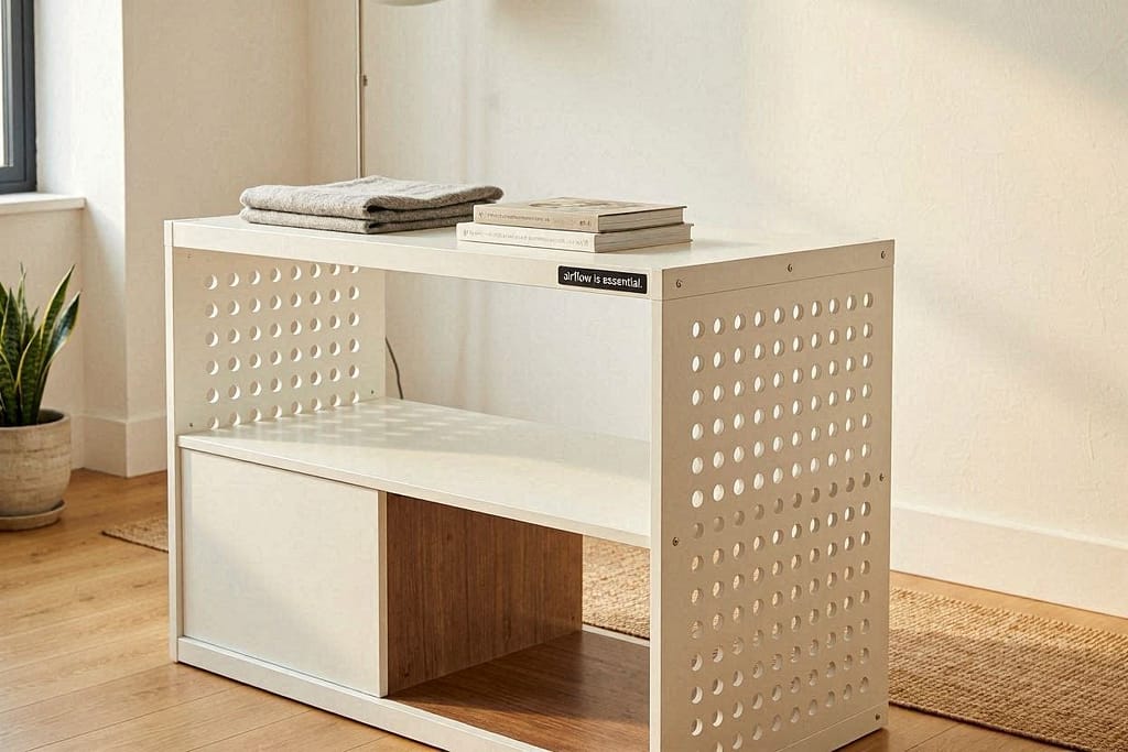 Series of small, evenly spaced holes in side panel. Text: "Airflow is essential."