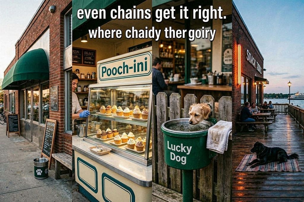 Chain collage Shake Shack Pooch-ini, Lucky Dog water bowl, Black Tail waterfront. Text: "Even chains get it right."