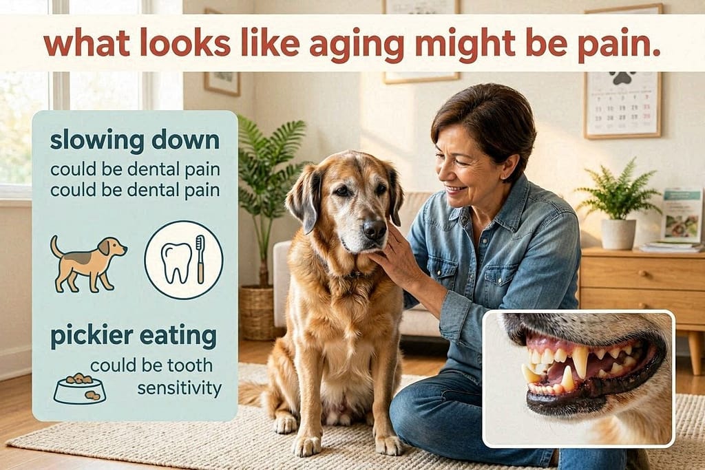 Symptom comparison "Slowing down" could be dental pain, "Pickier eating" could be tooth sensitivity. Text: "What looks like aging might be pain."