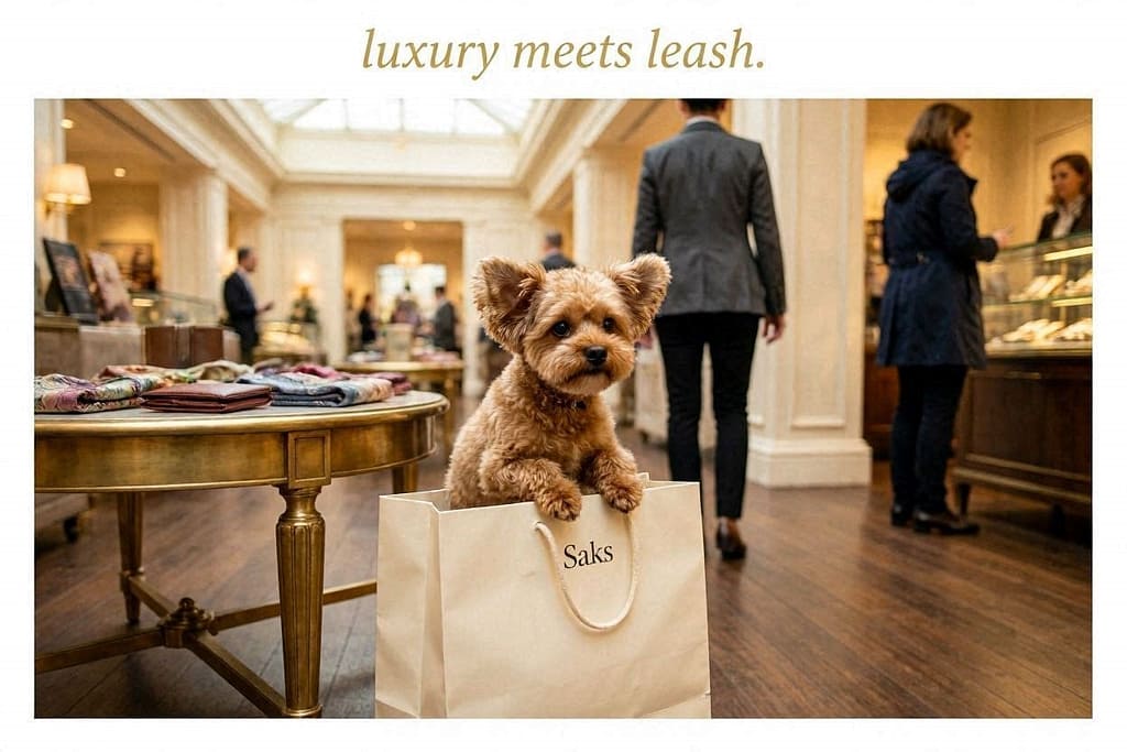 Saks action photo Small dog in shopping bag, luxury setting. Text: "Luxury meets leash."