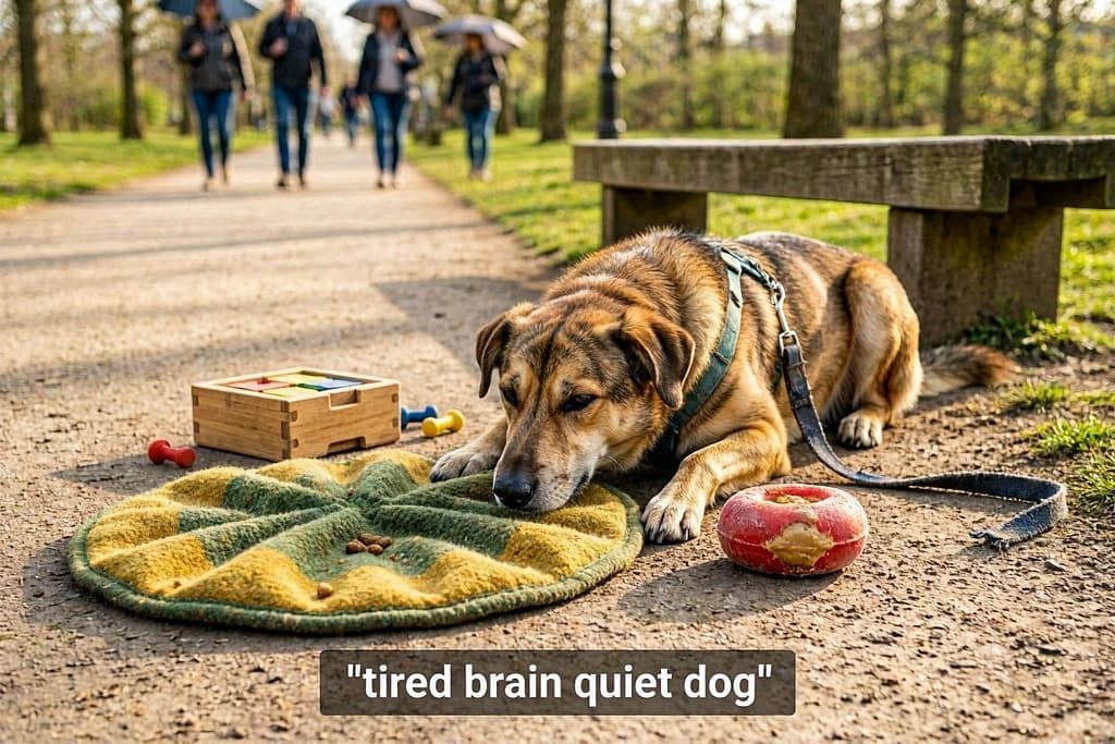 Snuffle mat, frozen Kong, puzzle toy, sniffari walk photo. Text: "Tired brain = quiet dog"