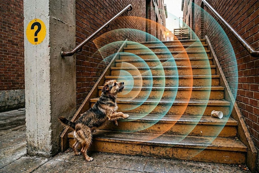 Soundwaves bouncing off walls, blind corner with question mark, small dog struggling on stairs.