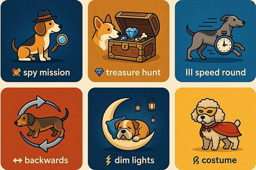 Theme icons grid 🕵️ Spy mission / 💎 Treasure hunt / ⏱️ Speed round / 🔄 Backwards / 🌙 Dim lights / 🎭 Costume.