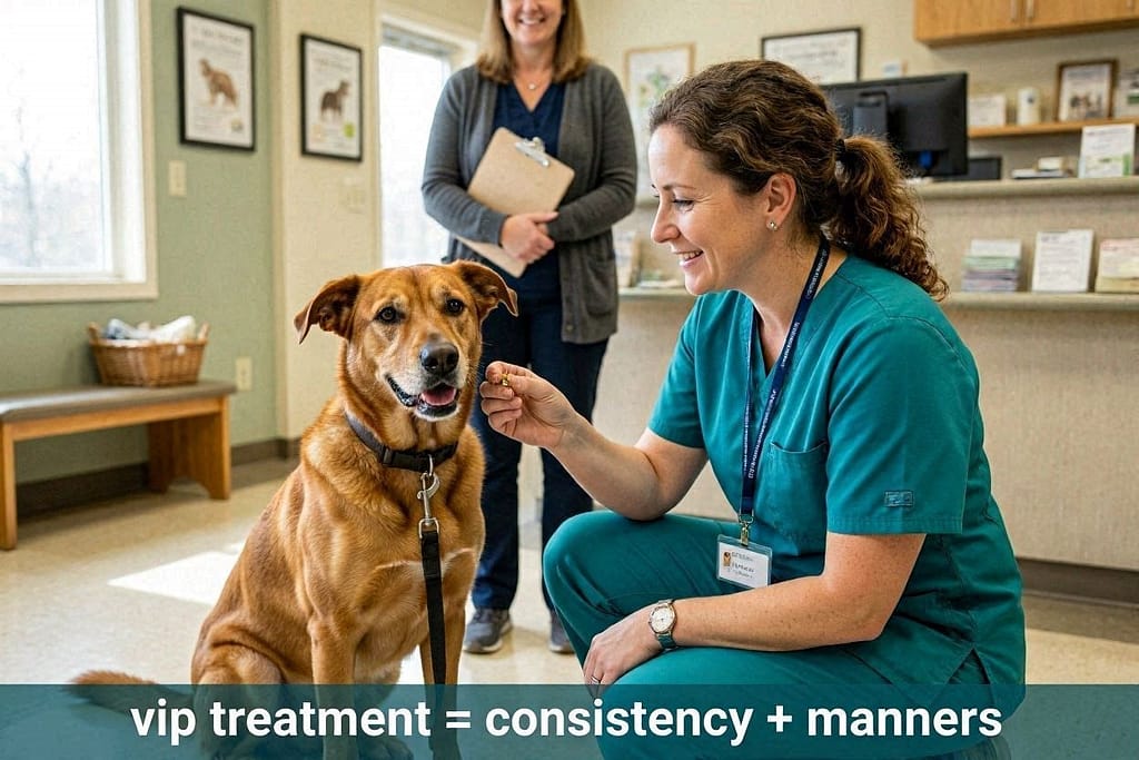 Regular dog + staff photo Staff greeting dog by name, treat in hand. Text: "VIP treatment = consistency + manners."