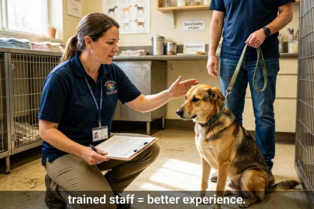 Staff + dog interaction photo Staff member asking before petting, reading dog body language. Text: "Trained staff = better experience."
