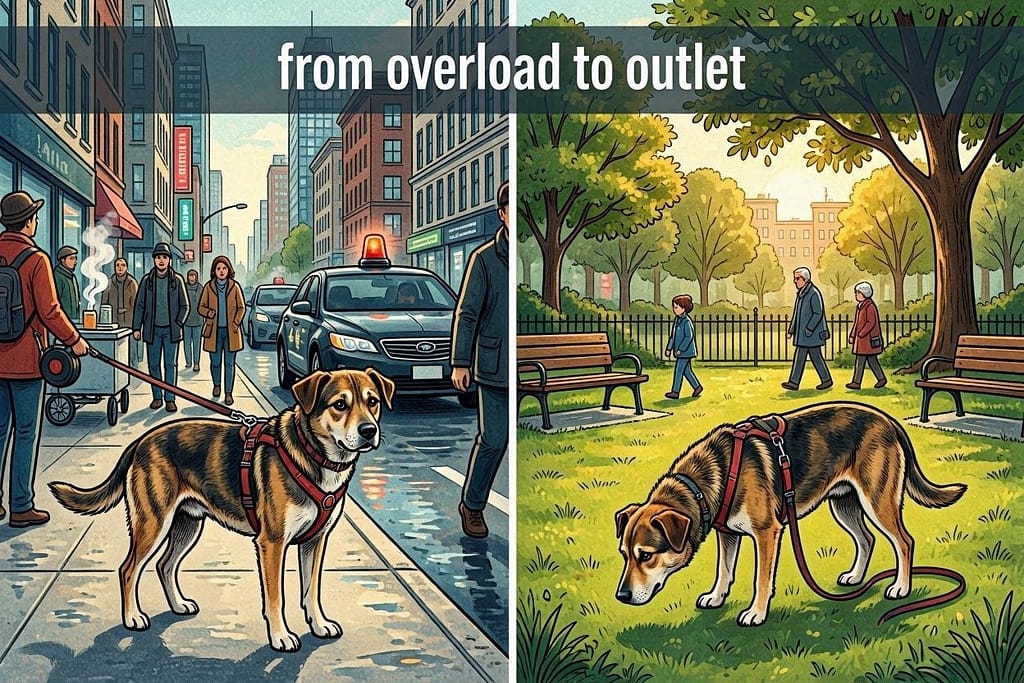 City vs. Sniffari graphic Left: Stressed dog in city (siren, crowd, traffic). Right: Dog calm, sniffing grass. Text: "From overload to outlet."