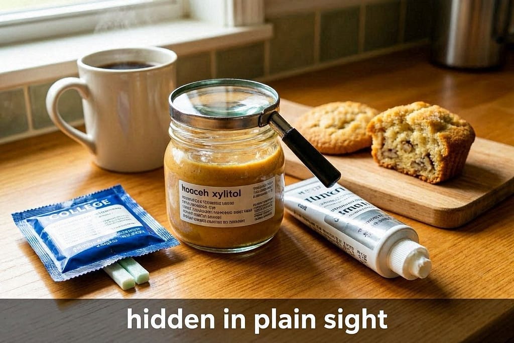 Xylitol sources collage Sugar-free gum, peanut butter jar (with label zoom), toothpaste, baked goods. Text: "Hidden in plain sight."
