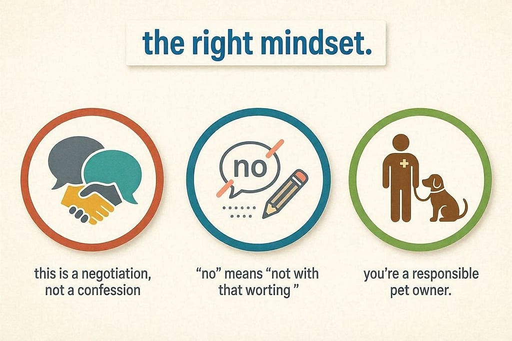 Mindset icons This is a negotiation, not a confession / "No" means "not with that wording" / You're a responsible pet owner. Text: "The right mindset."