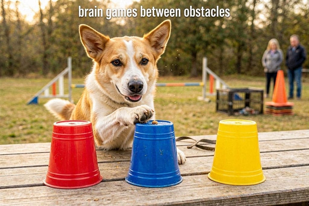 Shell game action photo Three cups, dog indicating which has treat. Text: "Brain games between obstacles."