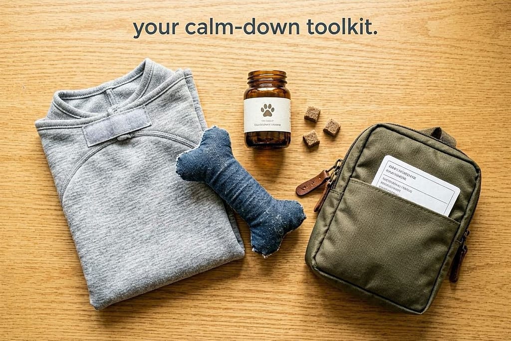 Calming kit flat lay Thundershirt, CBD treats, favorite toy, go-bag. Text: "Your calm-down toolkit."
