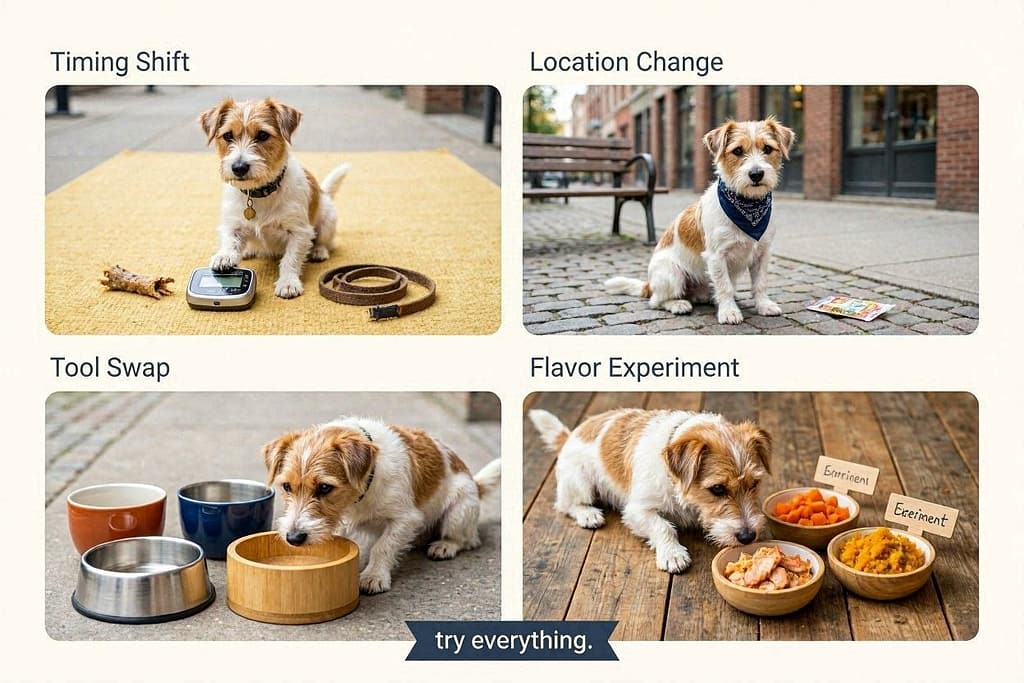 Solutions grid Timing shift, location change, tool swap, flavor experiment. Text: "Try everything."