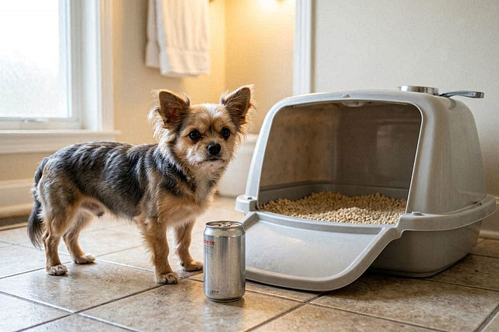 Tiny dog (Chihuahua/Yorkie) standing next to a standard litter box. Show they fit comfortably. Add ruler or soda can for scale.