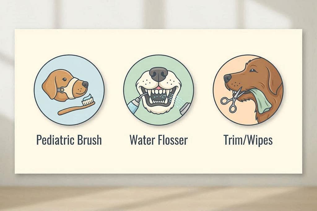 Solutions icons Tiny mouths → pediatric brush, Crowded teeth → water flosser, Hair-mouth → trim/wipes.