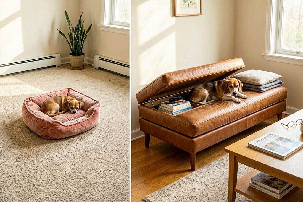 Tiny single-purpose dog bed (wasted space) vs. regular ottoman that serves as dog bed + storage + seat.