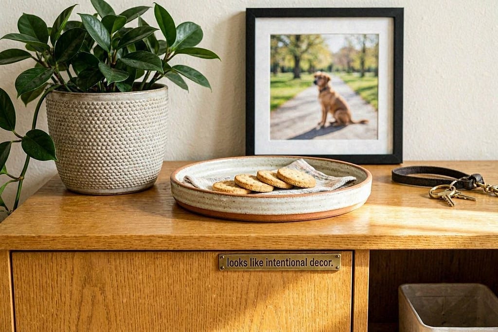 Top styled with plant, treat tray, framed photo. Text: "Looks like intentional decor."