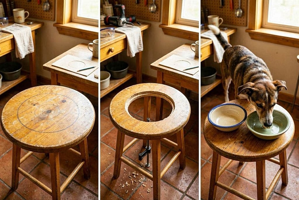 1. Trace bowls on stool seat / 2. Jigsaw cutout / 3. Bowls dropped in, dog eating.