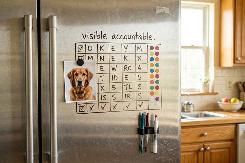Fridge tracker photo Tracker on fridge with dry-erase marker, dog photo, pens attached. Text: "Visible = accountable."