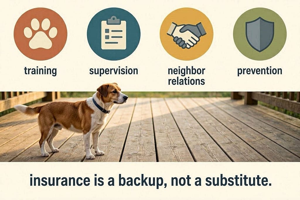 Responsible owner icons 🐾 Training / 📋 Supervision / 🤝 Neighbor relations / 🛡️ Prevention. Text: "Insurance is a backup, not a substitute."