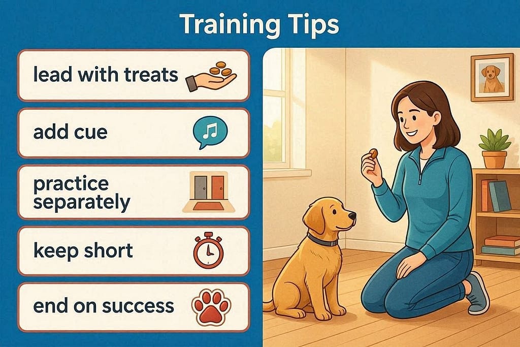 Training tips graphic Lead with treats → Add cue → Practice separately → Keep short → End on success.
