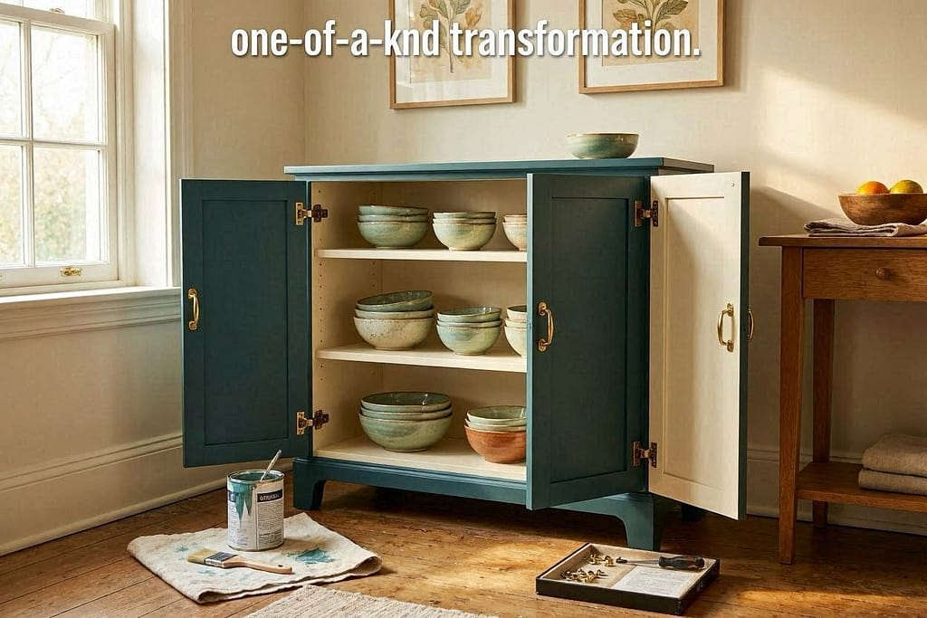 Transformed cabinet with bowls, paint, new hardware. Text: "One-of-a-kind transformation."