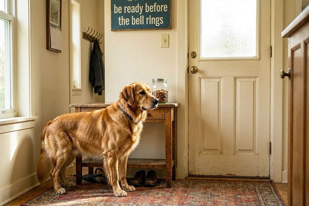 Treat jar on table near door. Dog looking at door. Text: "Be ready before the bell rings"