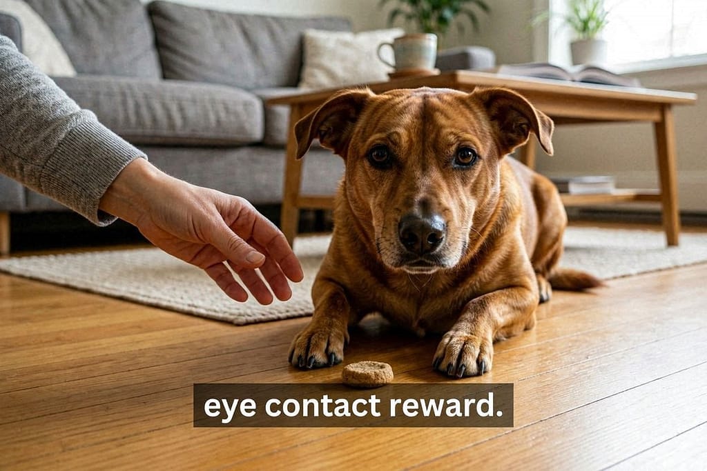 Treat on floor, owner's hand hovering, dog making eye contact. Text: "Eye contact = reward."