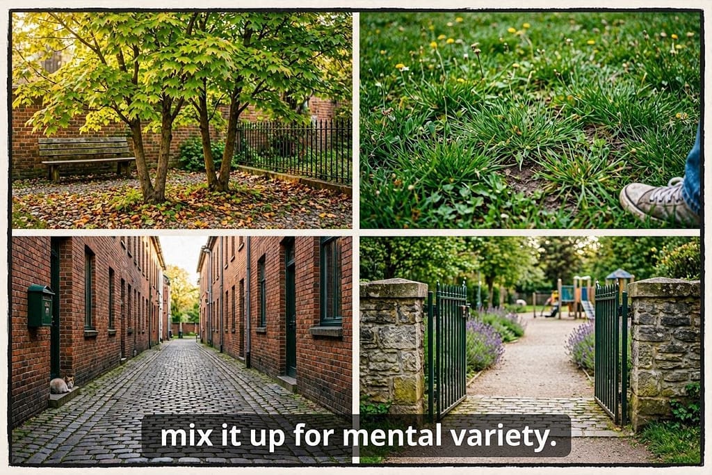Tree cluster, grassy patch, quiet alley, park perimeter. Text: "Mix it up for mental variety."
