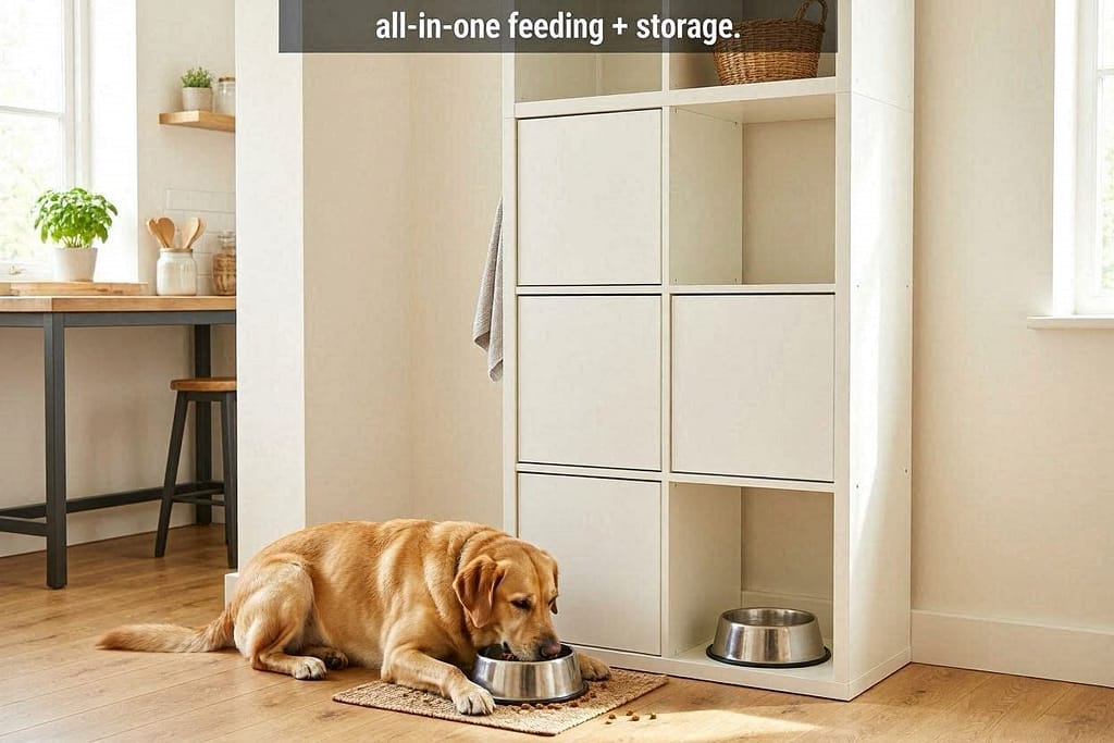 Vertical KALLAX with doors, dog eating from bowl in bottom cube. Text: "All-in-one feeding + storage."