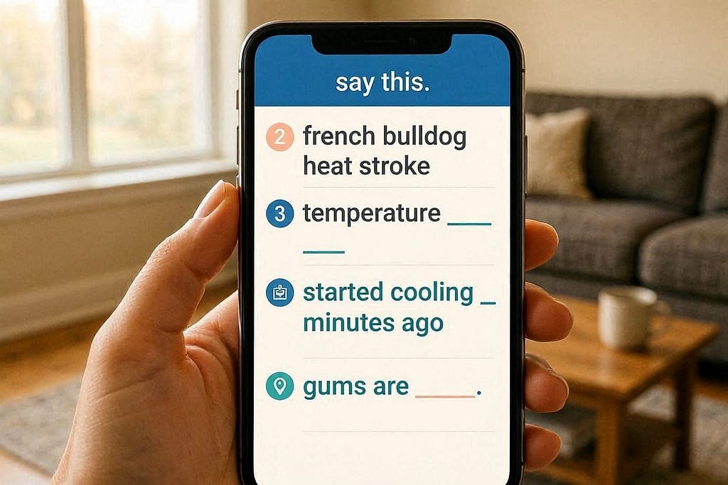 Vet phone call script Key phrases: "French Bulldog heat stroke," "Temperature ____," "Started cooling ____ minutes ago," "Gums are ____." Text: "Say this."