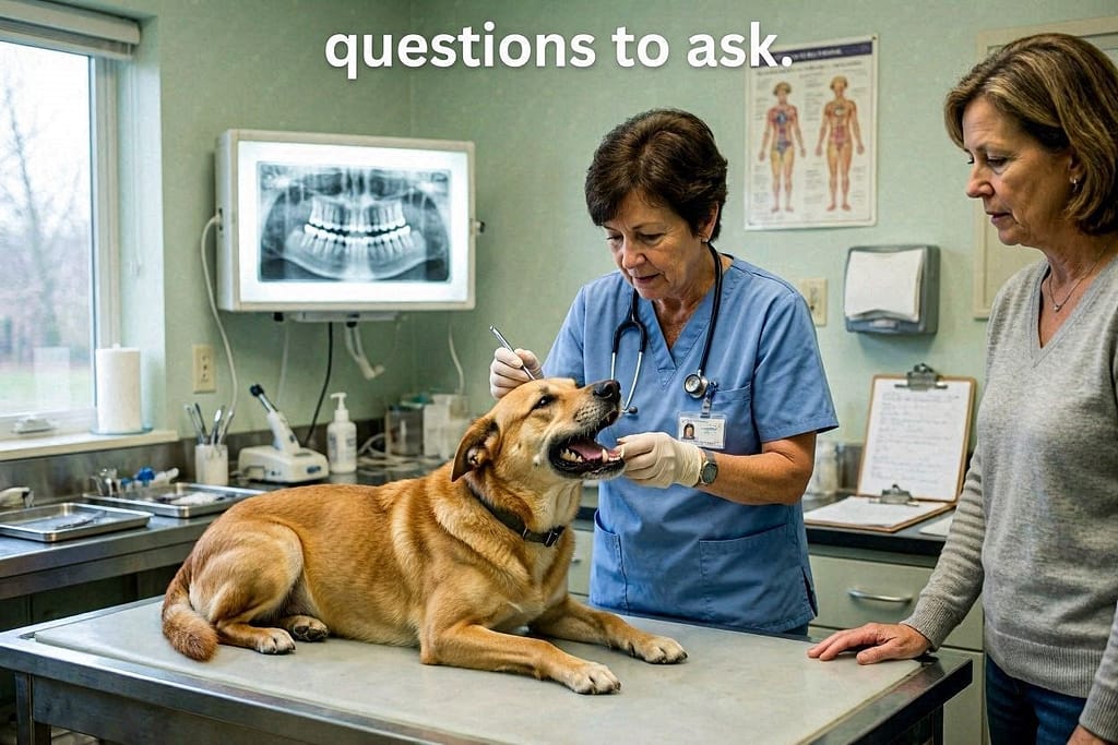 Vet visit photo Veterinarian examining dog's teeth, X-ray visible in background. Text: "Questions to ask."
