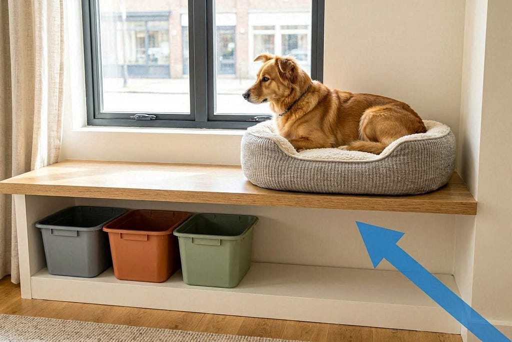 Wall-mounted shelf with cozy dog bed, dog looking out window. Arrow pointing to unused space underneath with storage bins.