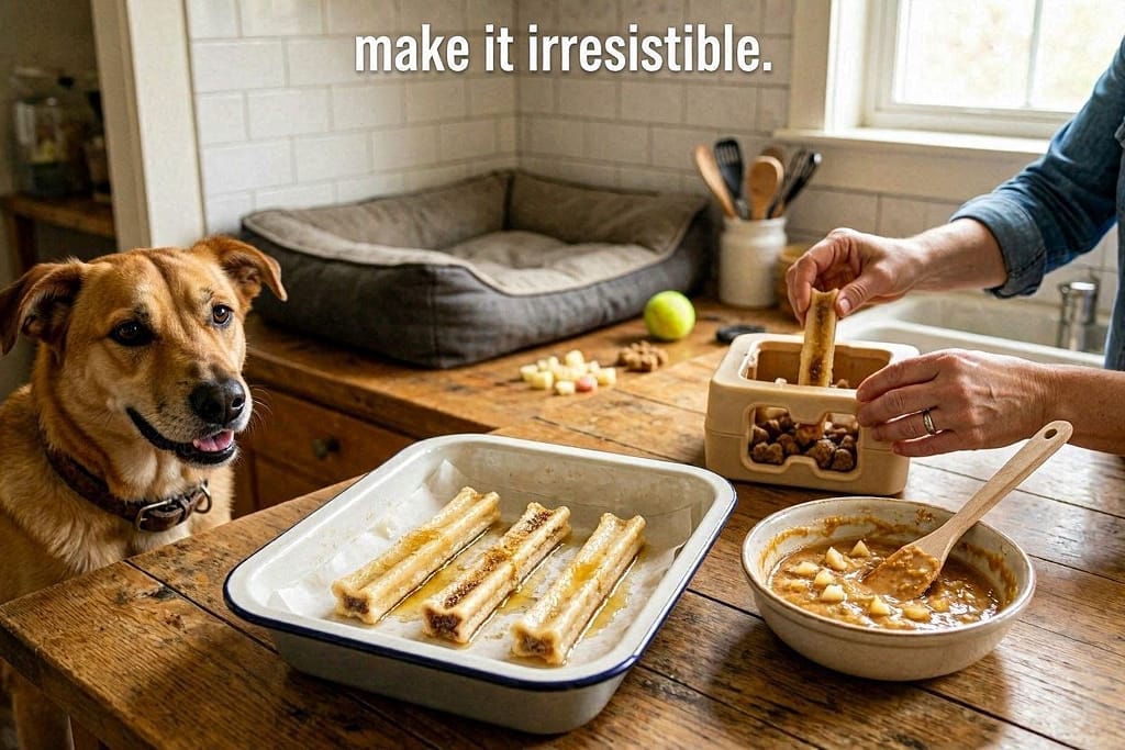 Chew strategies photo Warming chew, adding flavor, making it a game. Text: "Make it irresistible."