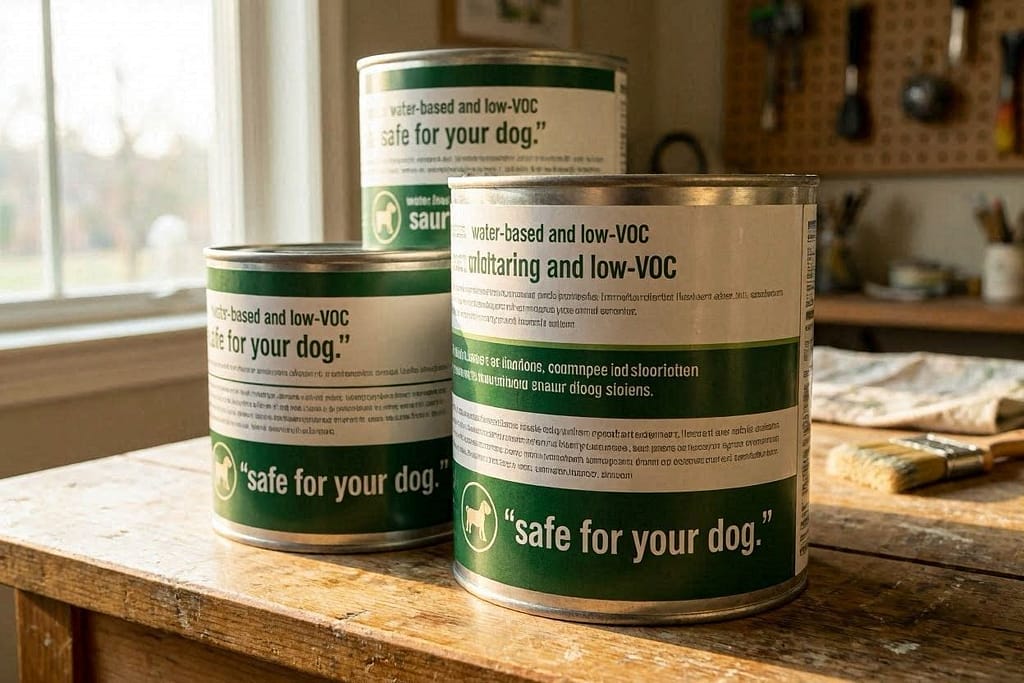 Water-based, low-VOC paint labels visible. Text: "Safe for your dog."