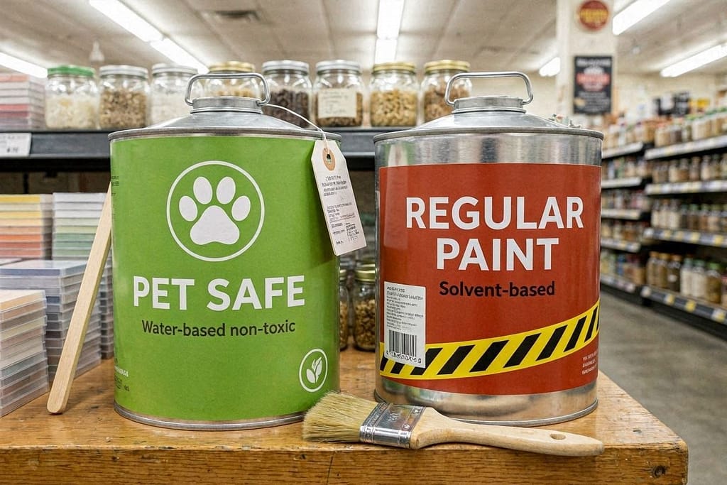 Water-based, non-toxic paint can with "pet-safe" label vs. regular paint (X).