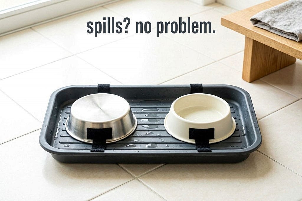 Waterproof tray on cube floor, bowls attached with Velcro. Text: "Spills? No problem."