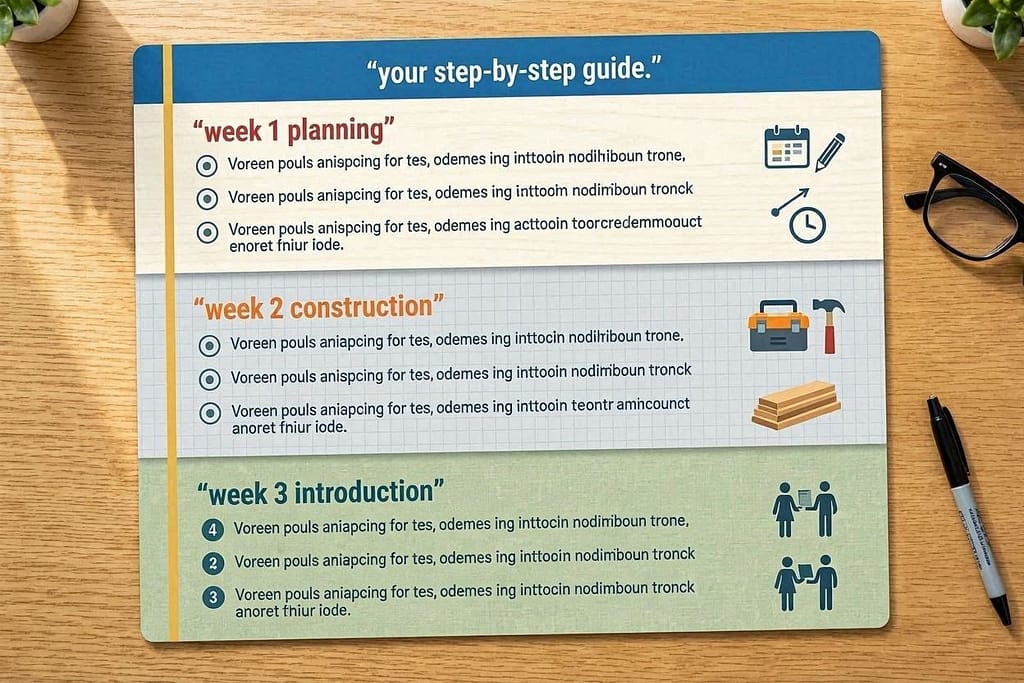 Weekend-by-weekend checklist: Week 1 (Planning), Week 2 (Construction), Week 3 (Introduction). Text: "Your step-by-step guide."
