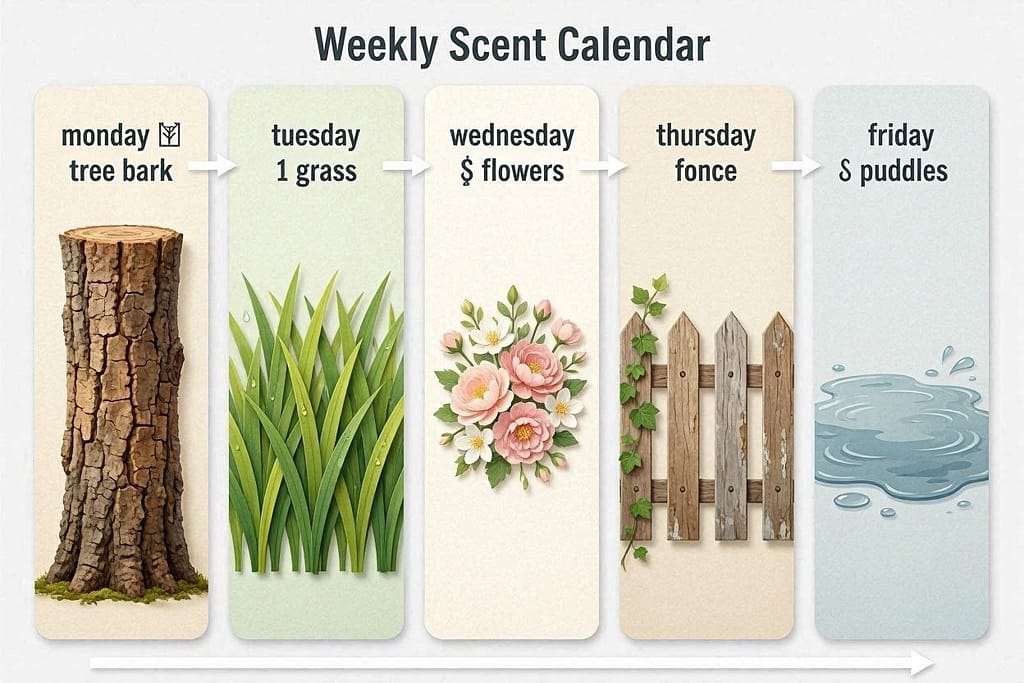 Monday (🌳 Tree bark) → Tuesday (🌿 Grass) → Wednesday (🌸 Flowers) → Thursday (Fence) → Friday (💧 Puddles).