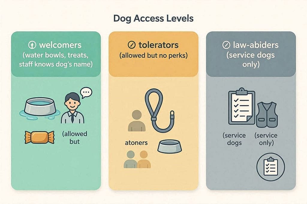 Level comparison graphic 🐾 Welcomers (water bowls, treats, staff knows dog's name) / ✅ Tolerators (allowed but no perks) / 📋 Law-Abiders (service dogs only). Color-coded.