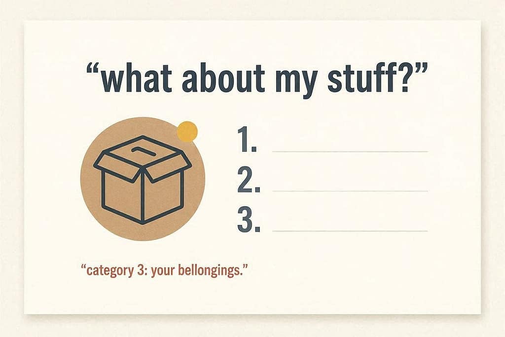 Category icon + text "What about my stuff?" with question numbers. Text: "Category 3: Your belongings."
