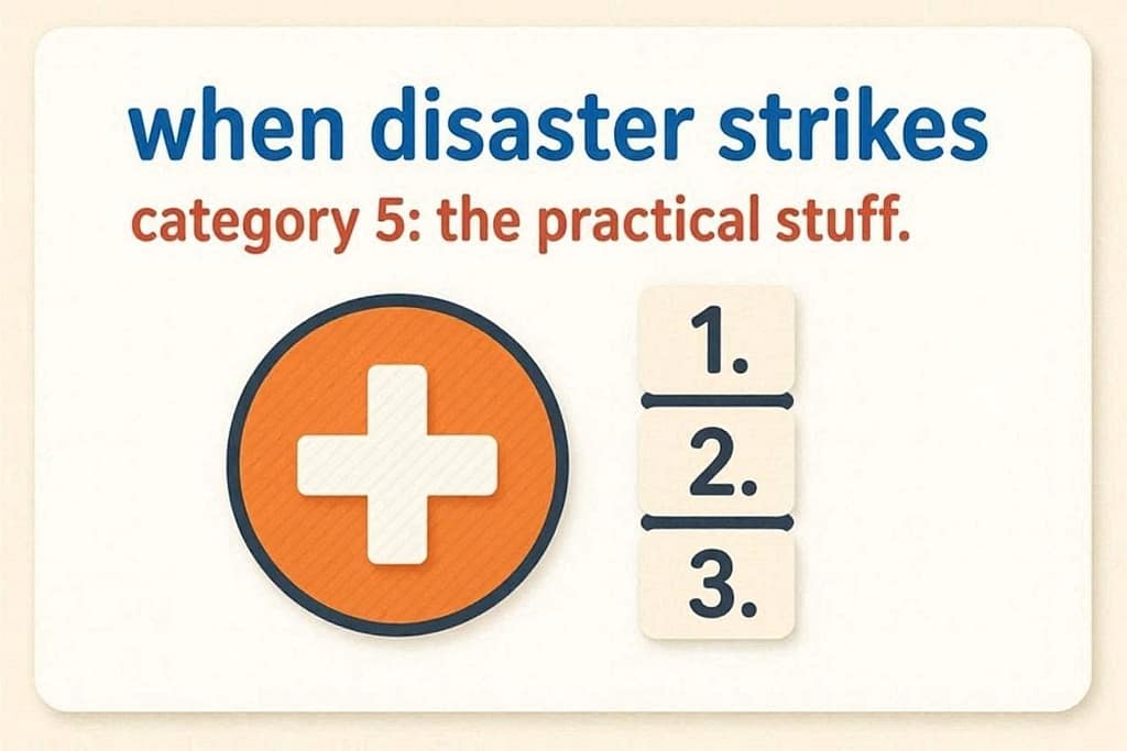 Category icon + text "When disaster strikes" with question numbers. Text: "Category 5: The practical stuff."